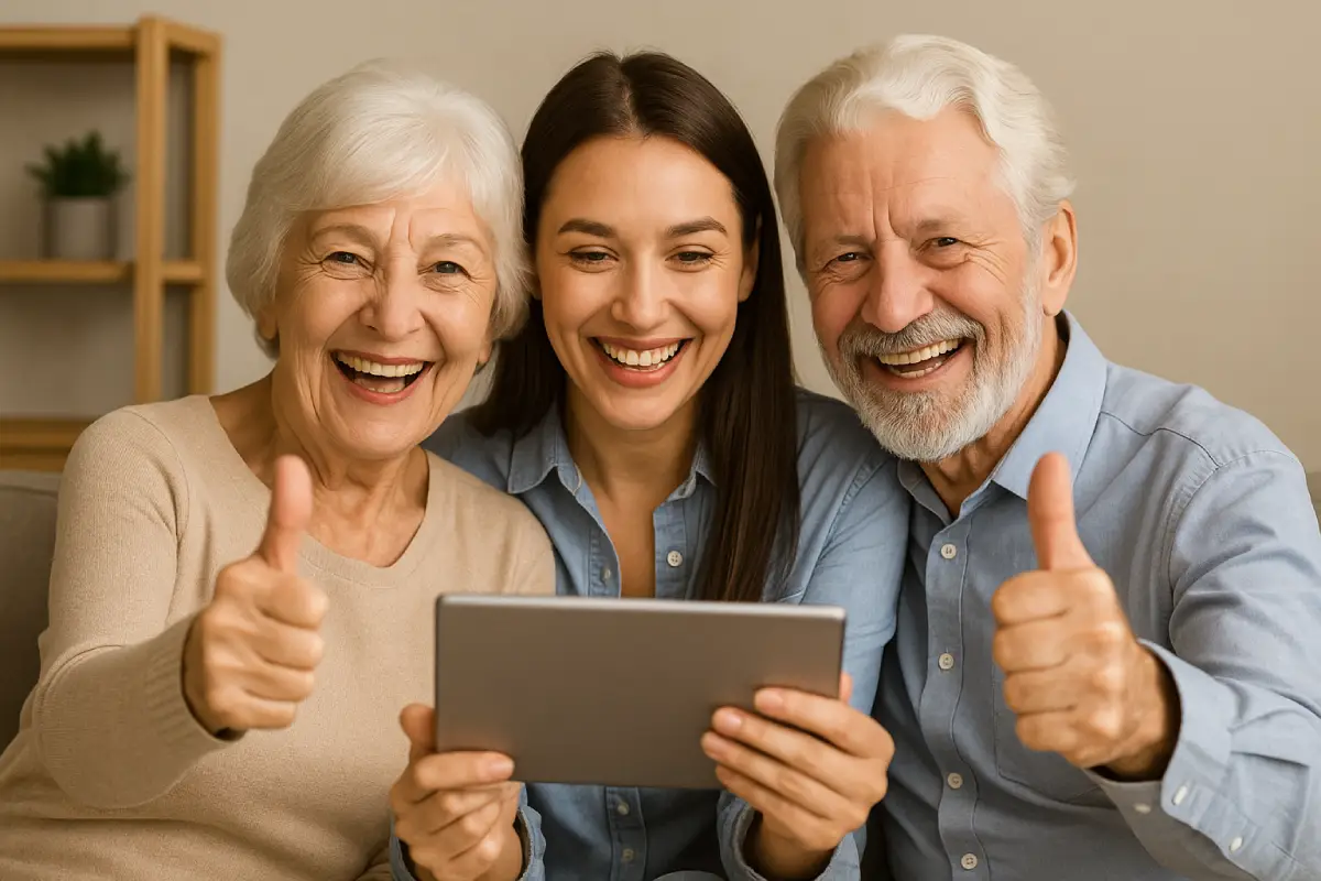 A family of three happily looking at a tablet