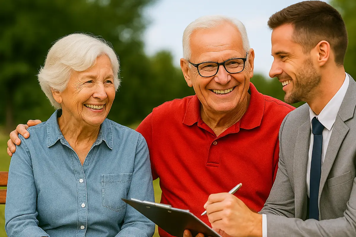 A smiling couple with an advisor