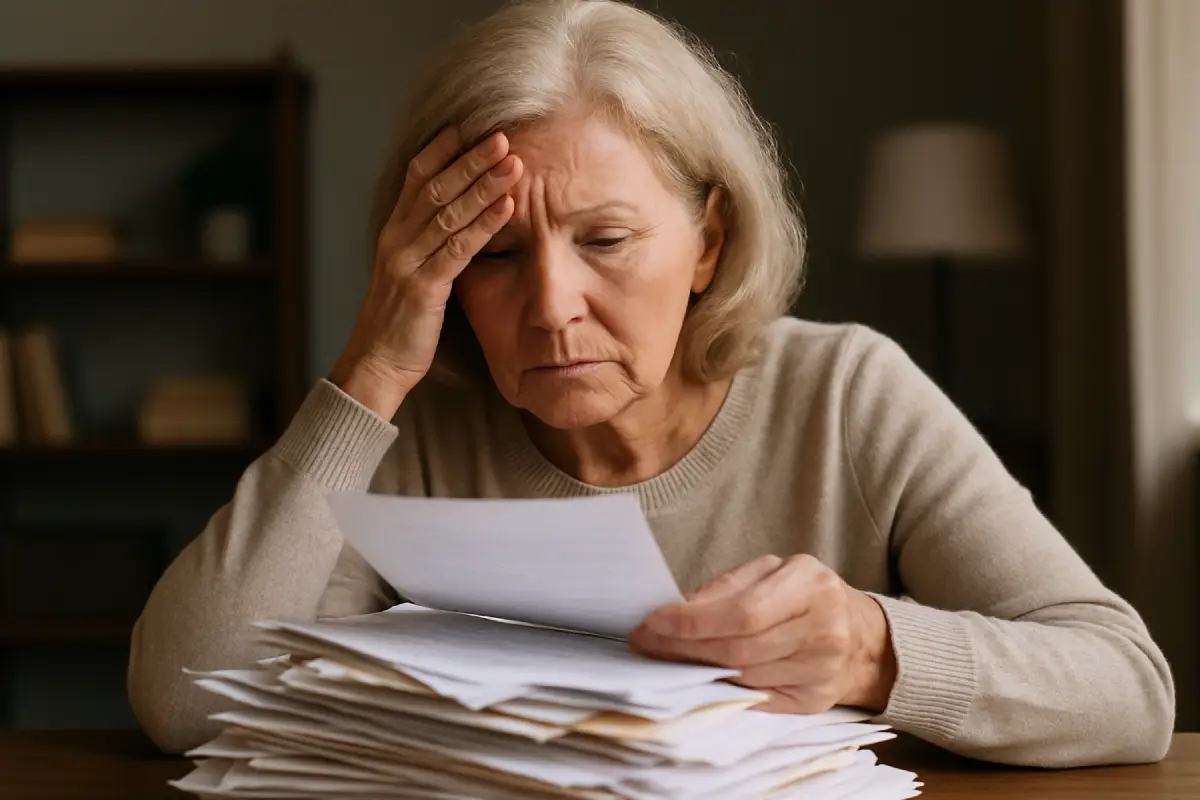 A senior woman looking at a pile of papers, feeling stressed.
