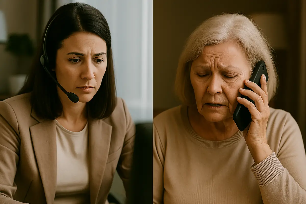 A friendly agent helping a senior over the phone.