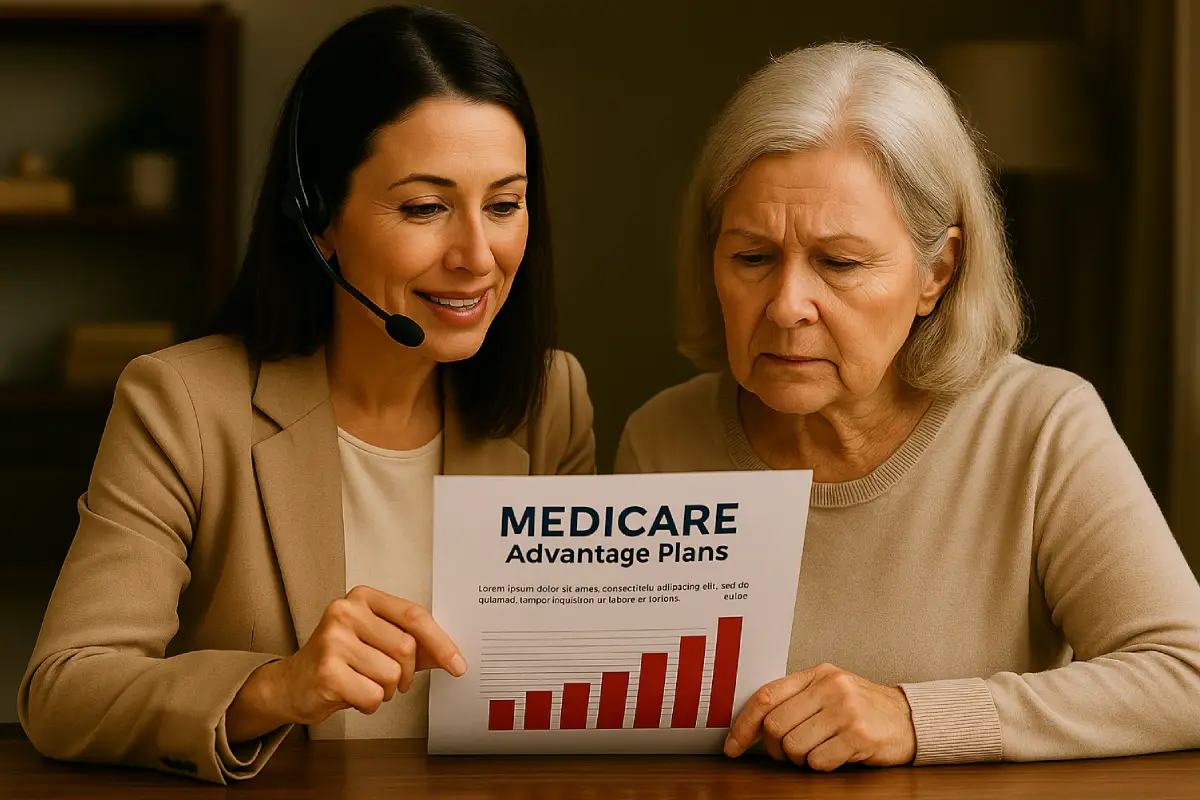 An agent and senior reviewing plans together.